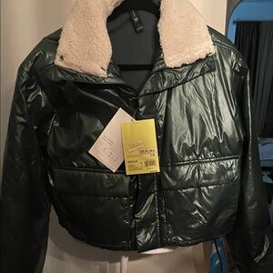 All in Motion Green Puffer Jacket with Cream Collar